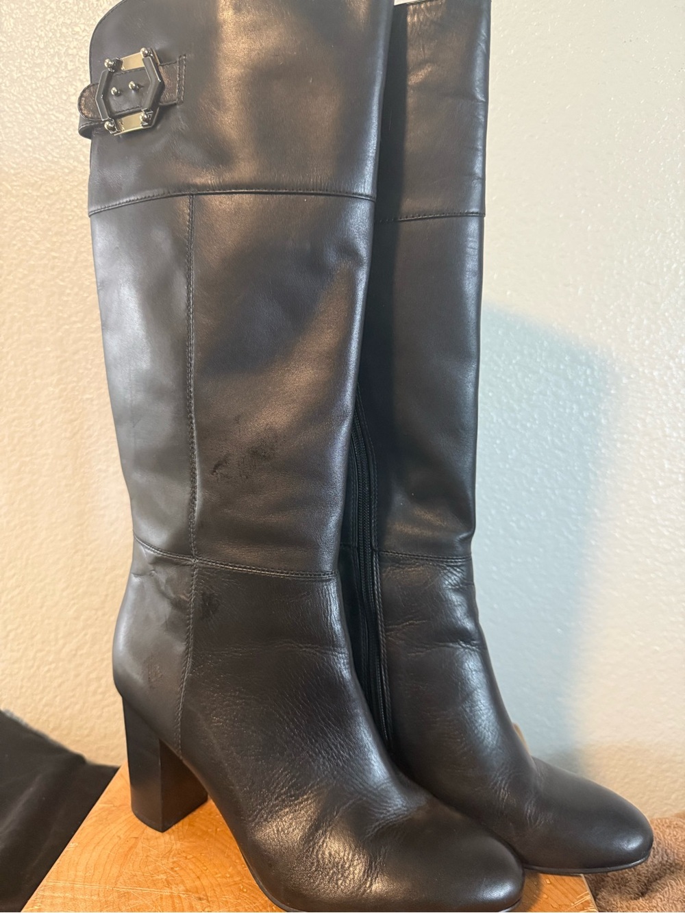 Isola Black Leather Knee-High Block Heel Boots